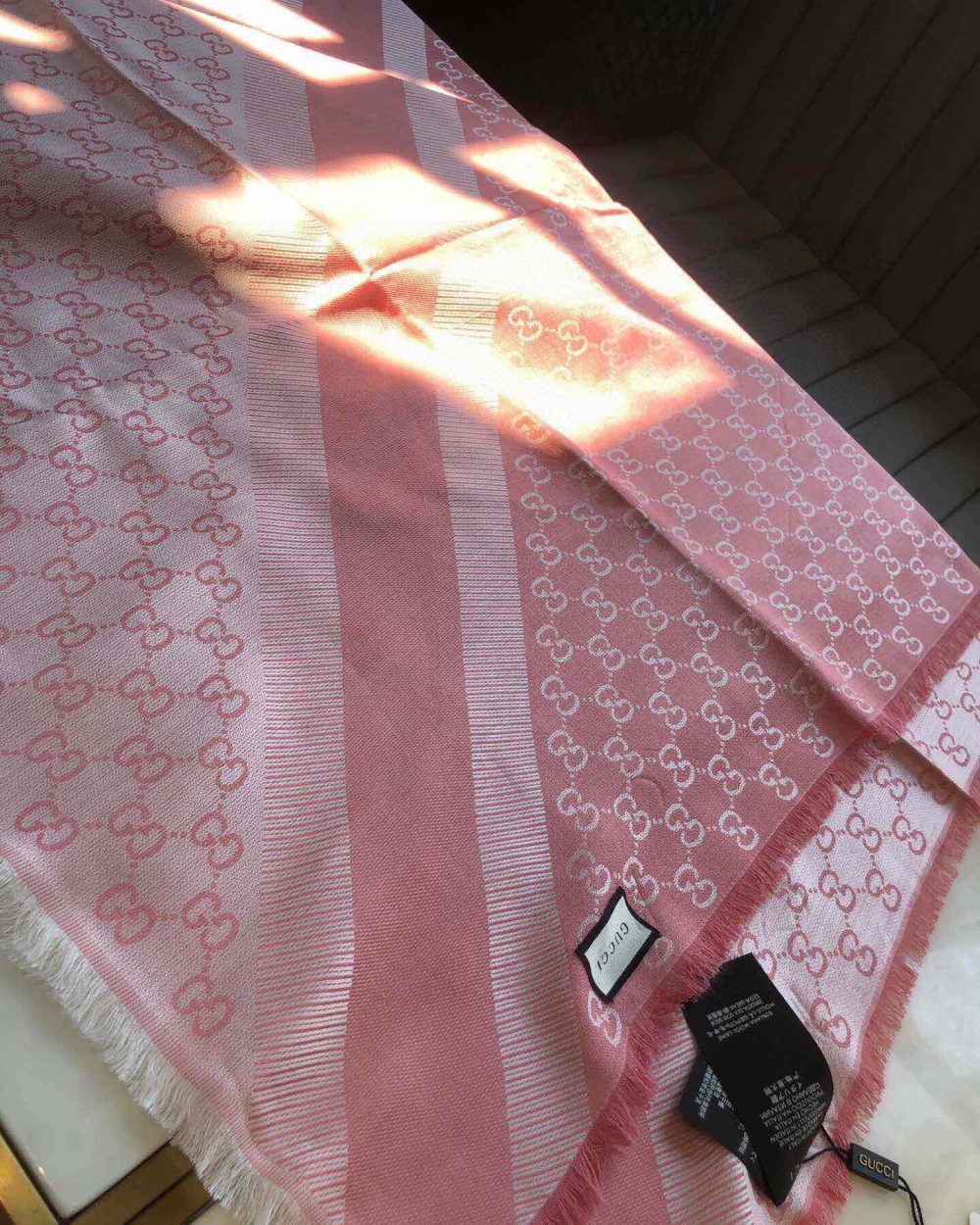 Gucci GG Jacquard Silk Wool Shawl Pink 55in/140cm