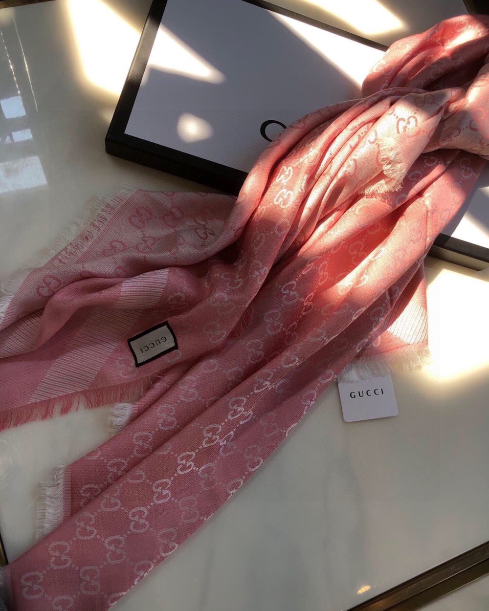 Gucci GG Jacquard Silk Wool Shawl Pink 55in/140cm