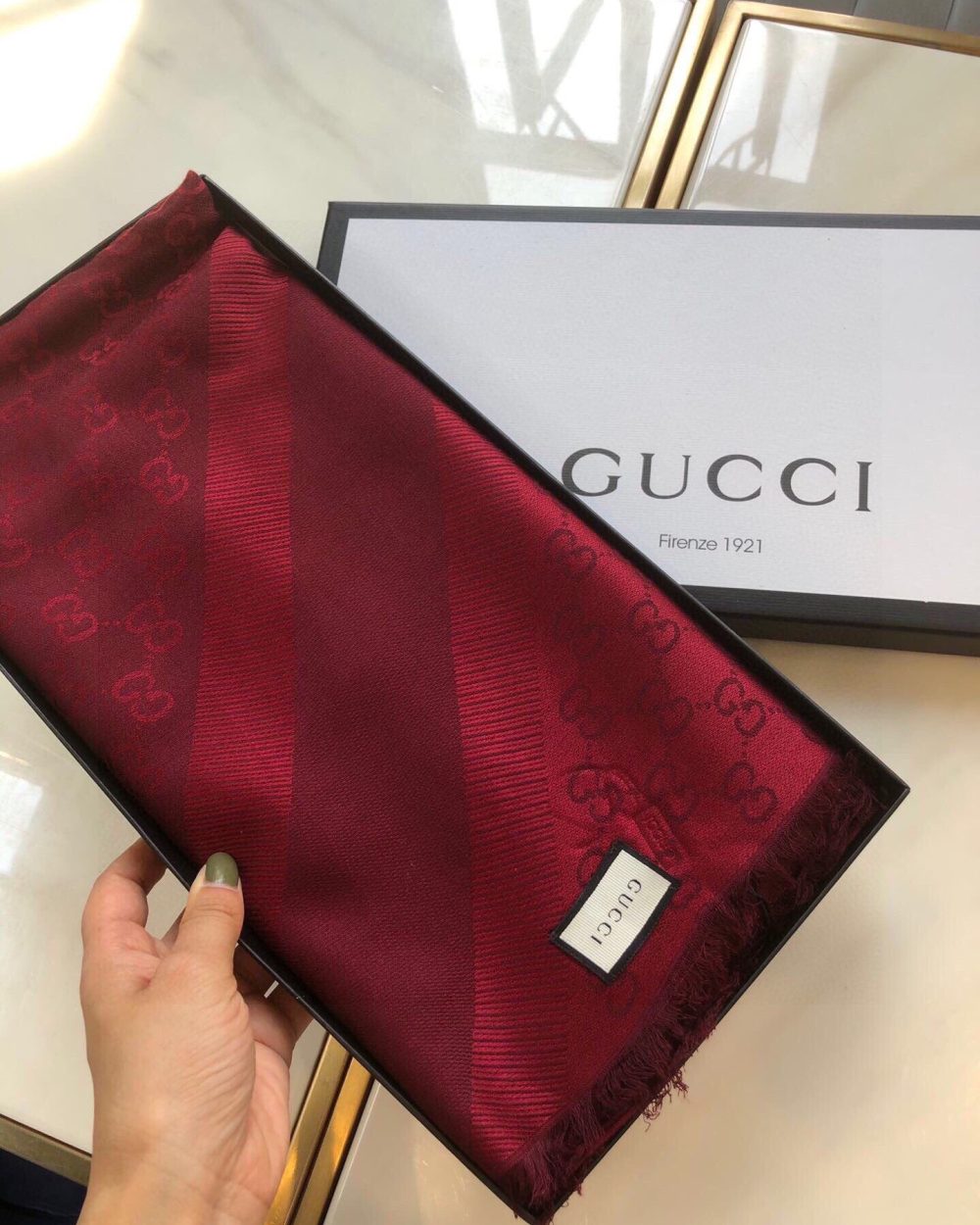 Gucci GG Jacquard Silk Wool Shawl Red 55in/140cm