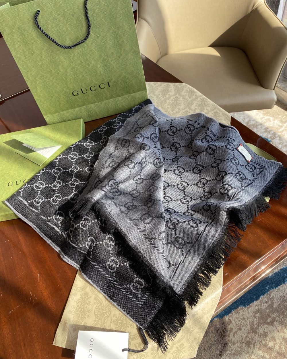 Gucci GG Lamé Lacquard Stole Scarf Black 71in/180cm 