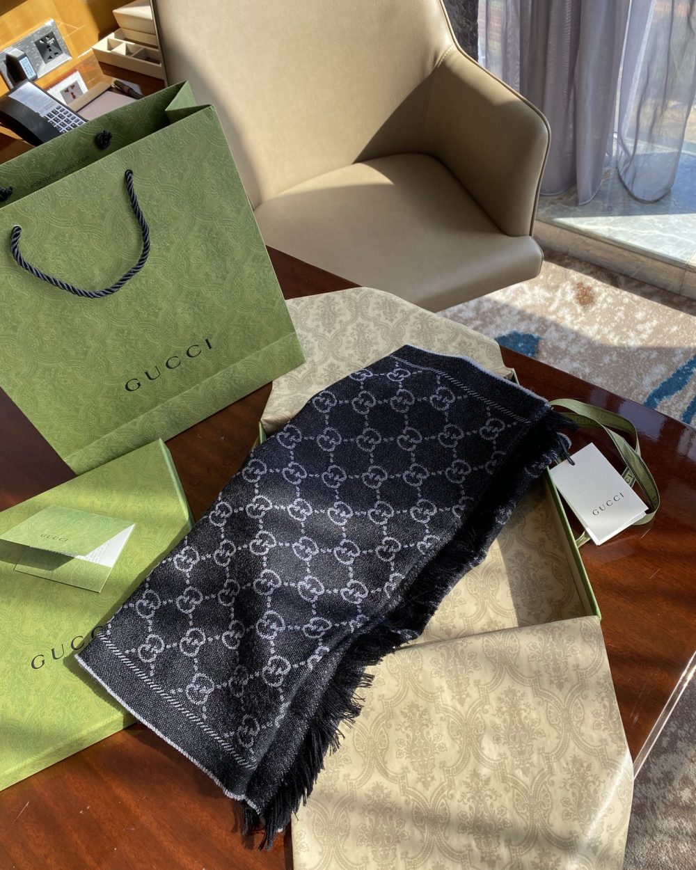 Gucci GG Lamé Lacquard Stole Scarf Black 71in/180cm 