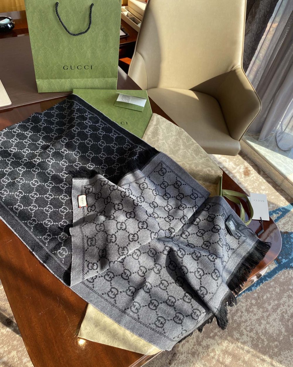 Gucci GG Lamé Lacquard Stole Scarf Black 71in/180cm 