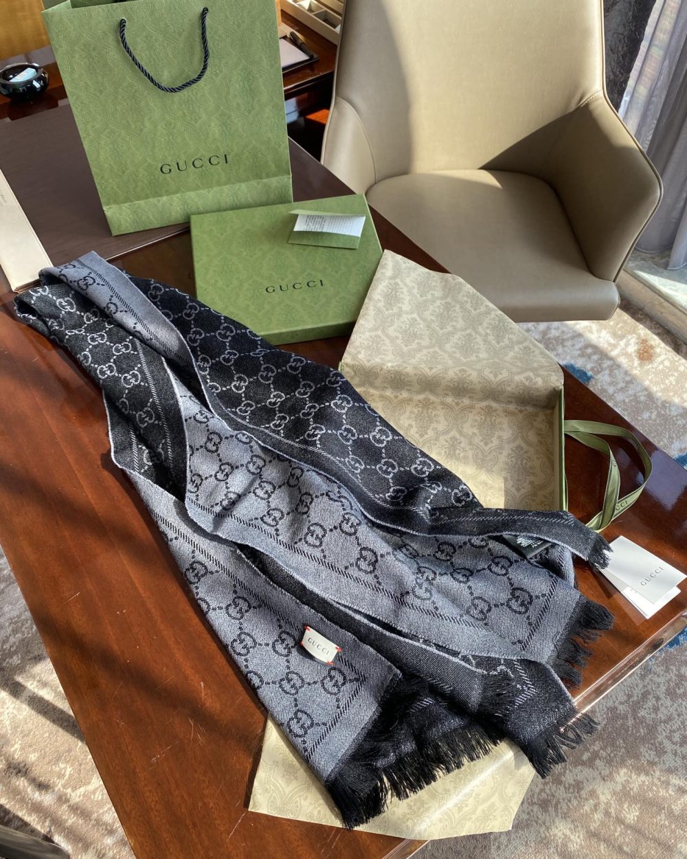 Gucci GG Lamé Lacquard Stole Scarf Black 71in/180cm 