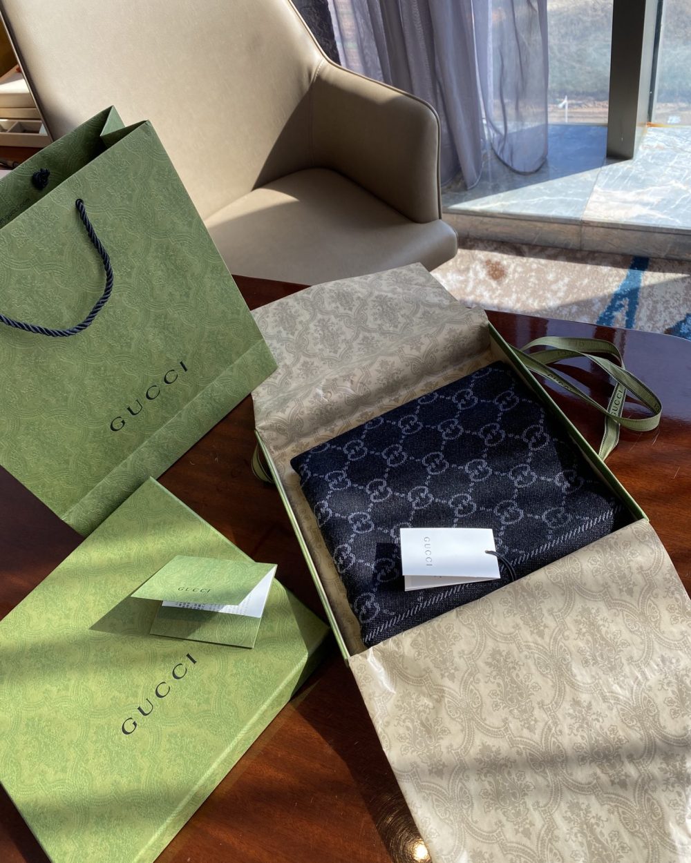 Gucci GG Lamé Lacquard Stole Scarf Black 71in/180cm 