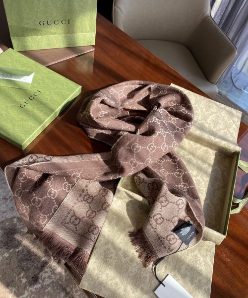 Gucci GG Lamé Lacquard Stole Scarf Brown 71in/180cm 