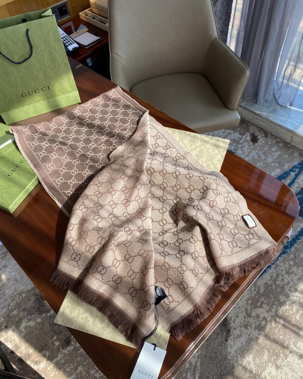 Gucci GG Lamé Lacquard Stole Scarf Brown 71in/180cm 