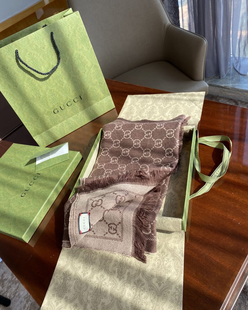 Gucci GG Lamé Lacquard Stole Scarf Brown 71in/180cm 