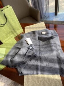 Gucci GG Lamé Lacquard Stole Scarf Grey 71in/180cm 