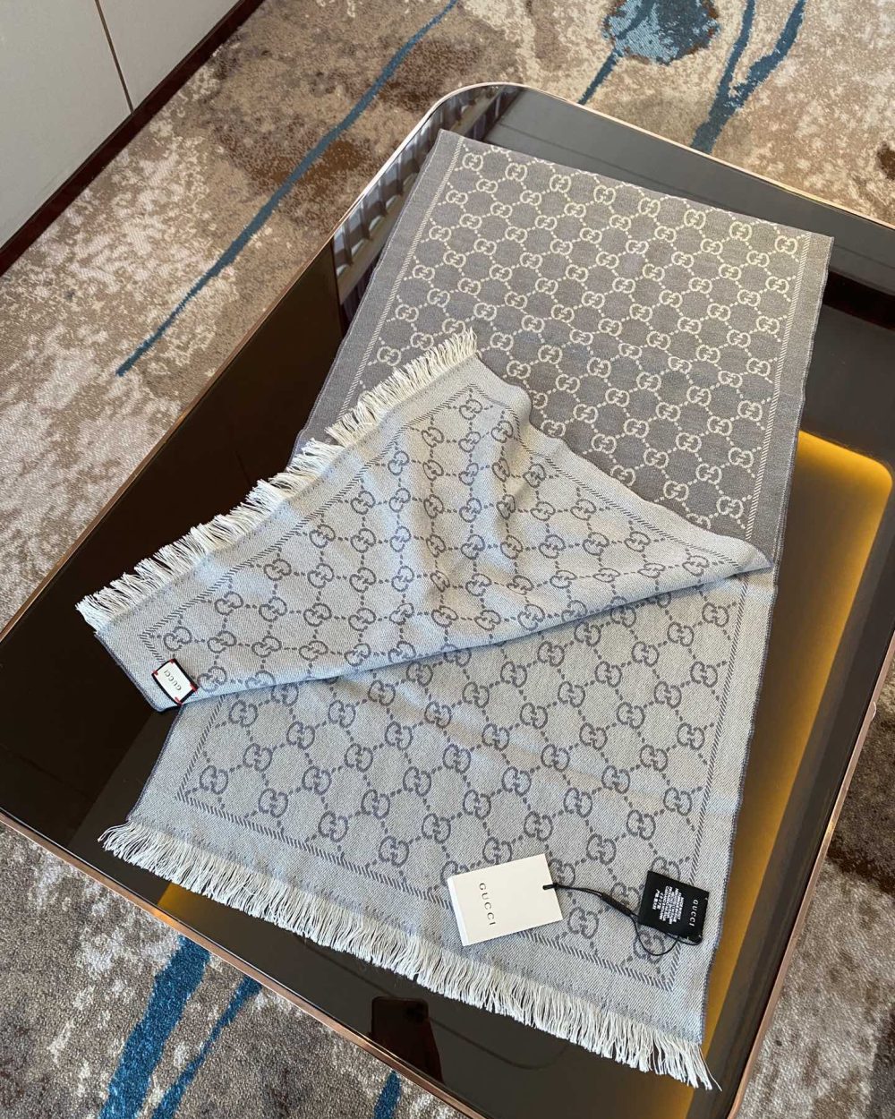 Gucci GG Lamé Lacquard Stole Scarf Light Grey 71in/180cm 