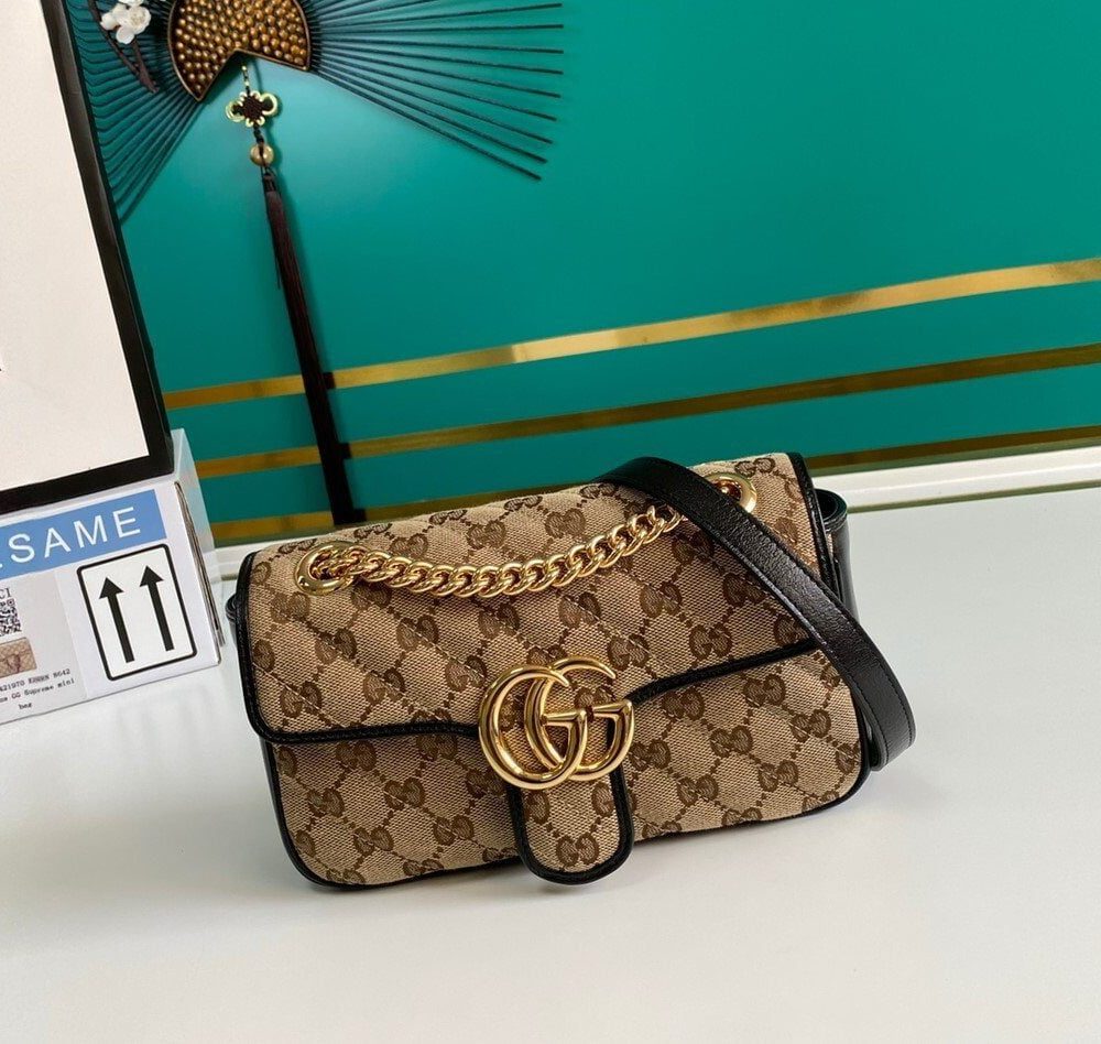 1:1 Replica Gucci GG Marmont Matelassé Mini Bag Beige/Ebony Diagonal Matelassé Original GG Canvas For Women  8.5in/22cm 446744