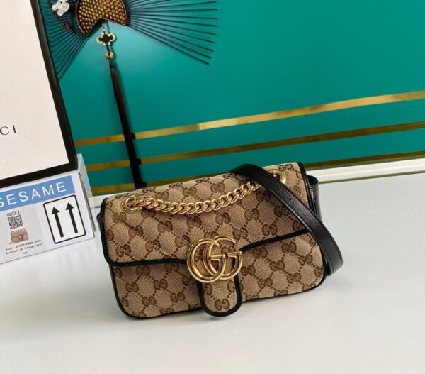 1:1 Replica Gucci GG Marmont Matelassé Mini Bag Beige/Ebony Diagonal Matelassé Original GG Canvas For Women  8.5in/22cm 446744