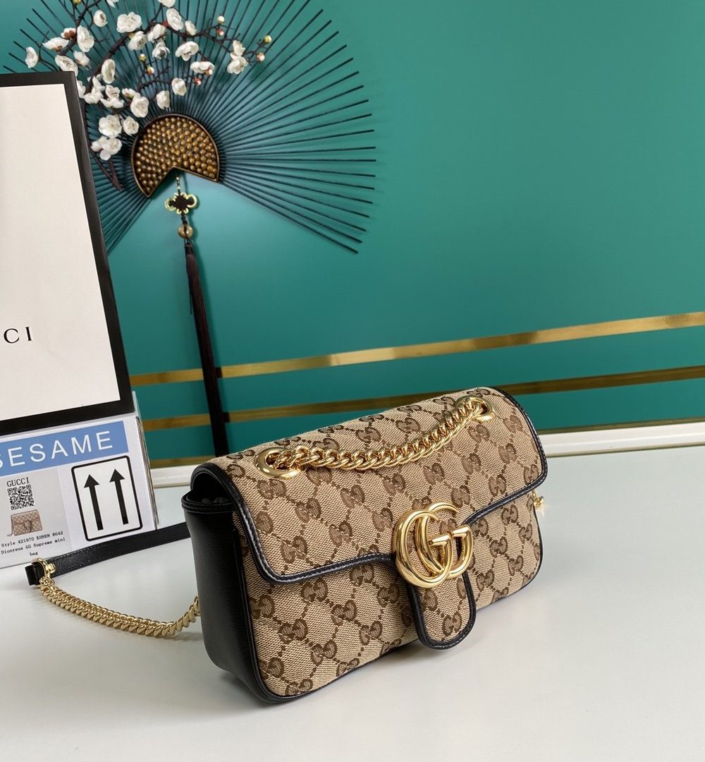 1:1 Replica Gucci GG Marmont Matelassé Mini Bag Beige/Ebony Diagonal Matelassé Original GG Canvas For Women  8.5in/22cm 446744