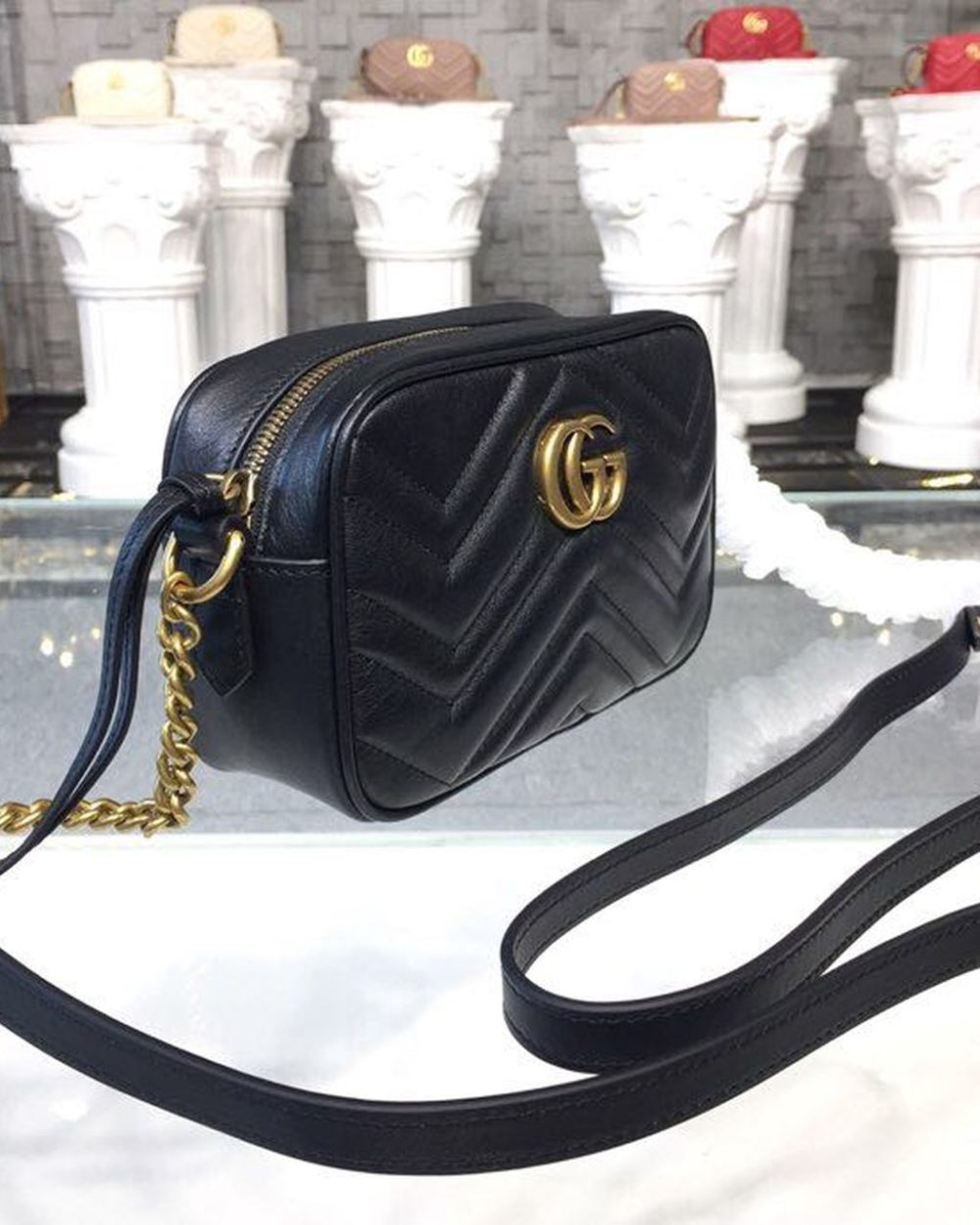 1:1 Replica Gucci GG Marmont Matelassé Mini Bag Black Matelassé Chevron For Women 7in/18cm GG 448065 DTD1T 1000