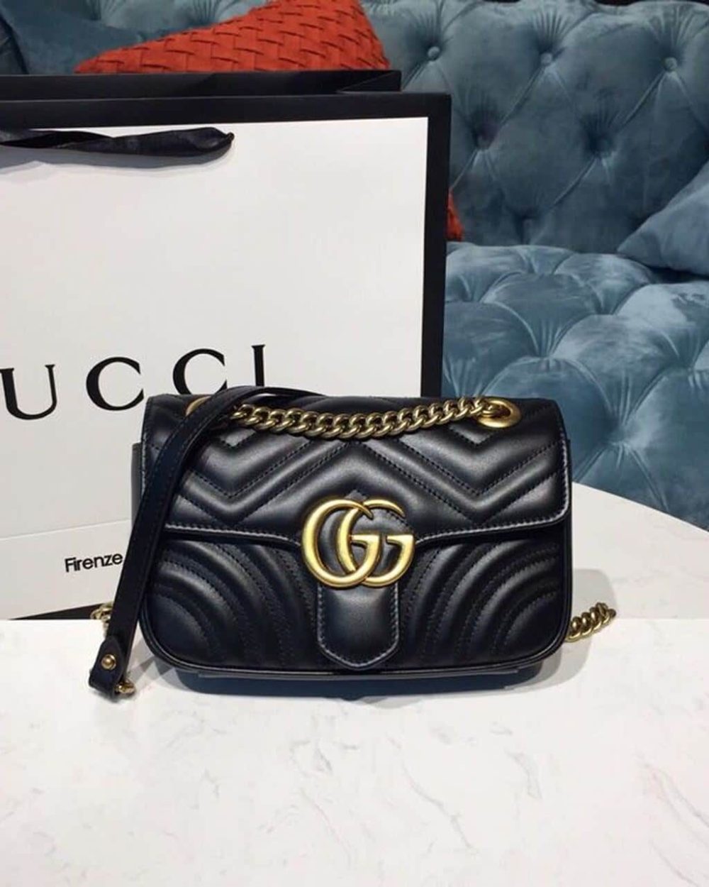 1:1 Replica Gucci GG Marmont Matelassé Mini Bag Black Matelassé Chevron With A Heart For Women 9in/22cm GG 446744 DTDIT 1000
