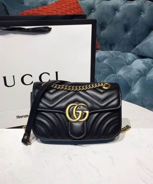 1:1 Replica Gucci GG Marmont Matelassé Mini Bag Black Matelassé Chevron With A Heart For Women 9in/22cm GG 446744 DTDIT 1000