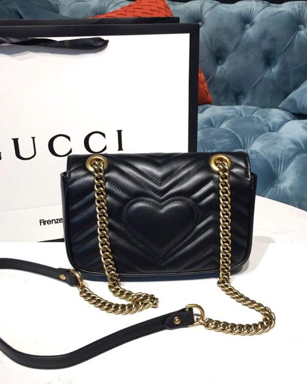 1:1 Replica Gucci GG Marmont Matelassé Mini Bag Black Matelassé Chevron With A Heart For Women 9in/22cm GG 446744 DTDIT 1000