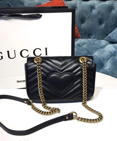 1:1 Replica Gucci GG Marmont Matelassé Mini Bag Black Matelassé Chevron With A Heart For Women 9in/22cm GG 446744 DTDIT 1000