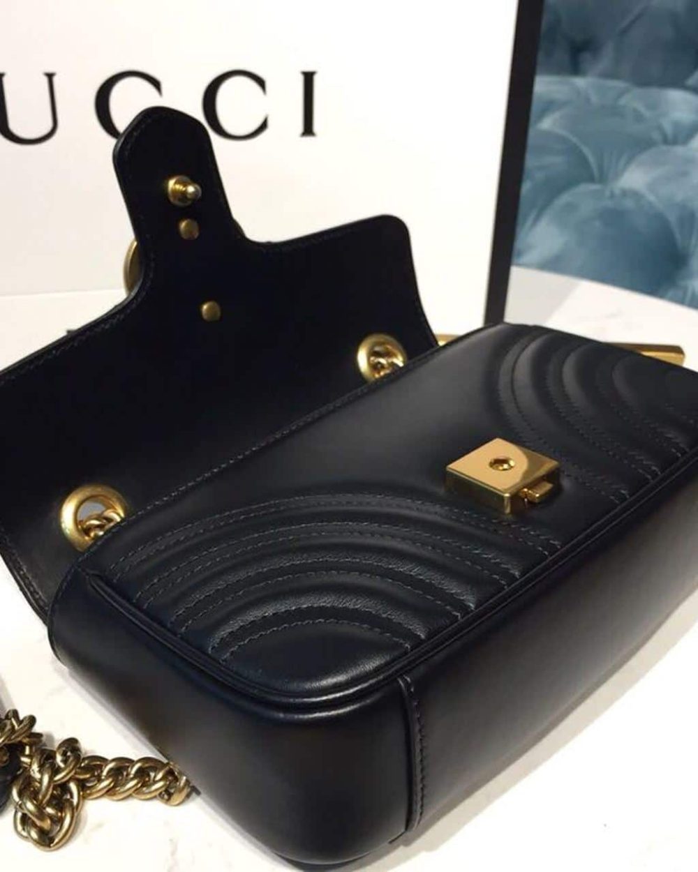 1:1 Replica Gucci GG Marmont Matelassé Mini Bag Black Matelassé Chevron With A Heart For Women 9in/22cm GG 446744 DTDIT 1000