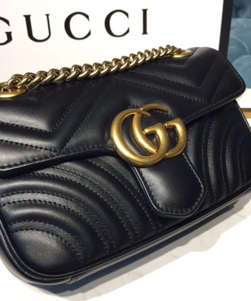 1:1 Replica Gucci GG Marmont Matelassé Mini Bag Black Matelassé Chevron With A Heart For Women 9in/22cm GG 446744 DTDIT 1000