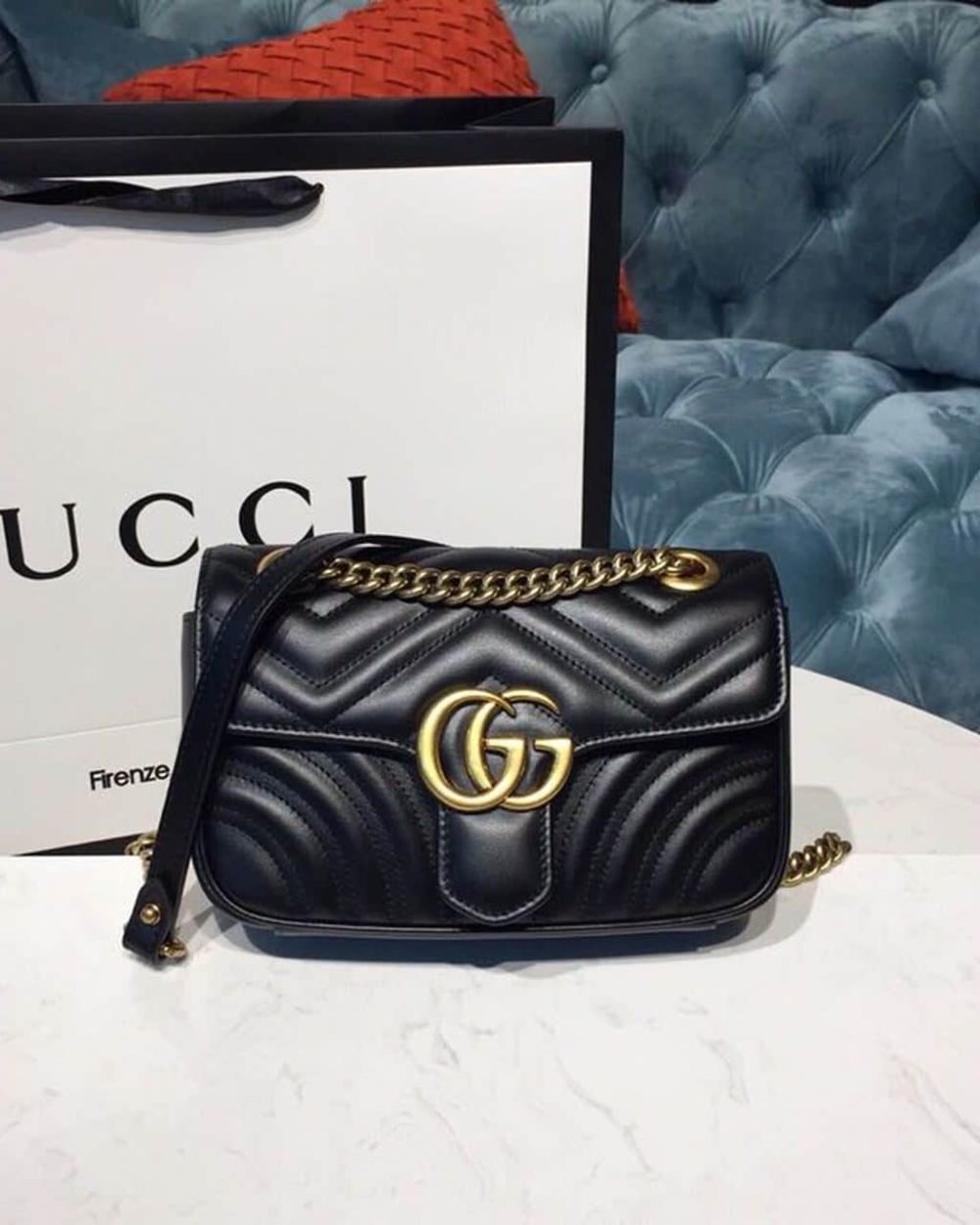 1:1 Replica Gucci GG Marmont Matelassé Mini Bag Black Matelassé Chevron With A Heart For Women 9in/22cm GG 446744 DTDIT 1000