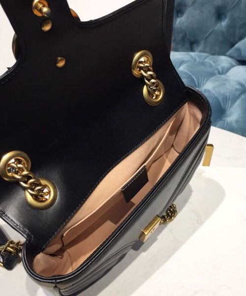 1:1 Replica Gucci GG Marmont Matelassé Mini Bag Black Matelassé Chevron With A Heart For Women 9in/22cm GG 446744 DTDIT 1000