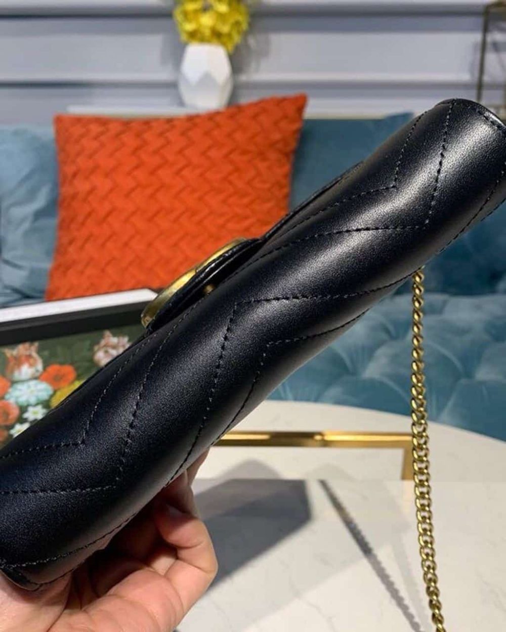 1:1 Replica Gucci GG Marmont Matelassé Mini Bag Black Matelassé Chevron With GG On The Back For Women 8in/20cm GG 474575 DTD1T 1000