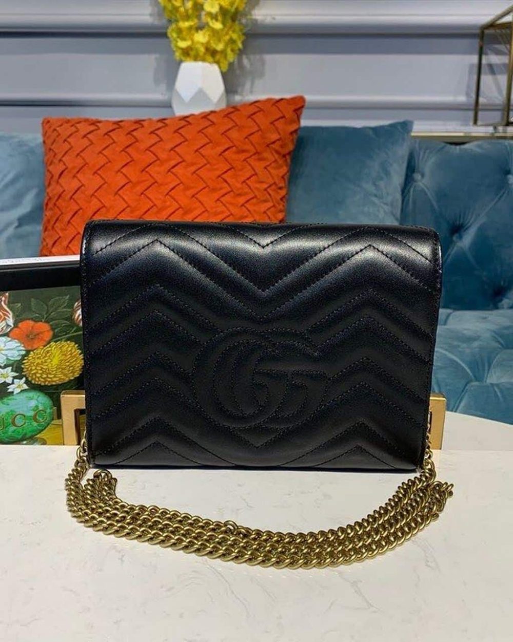 1:1 Replica Gucci GG Marmont Matelassé Mini Bag Black Matelassé Chevron With GG On The Back For Women 8in/20cm GG 474575 DTD1T 1000