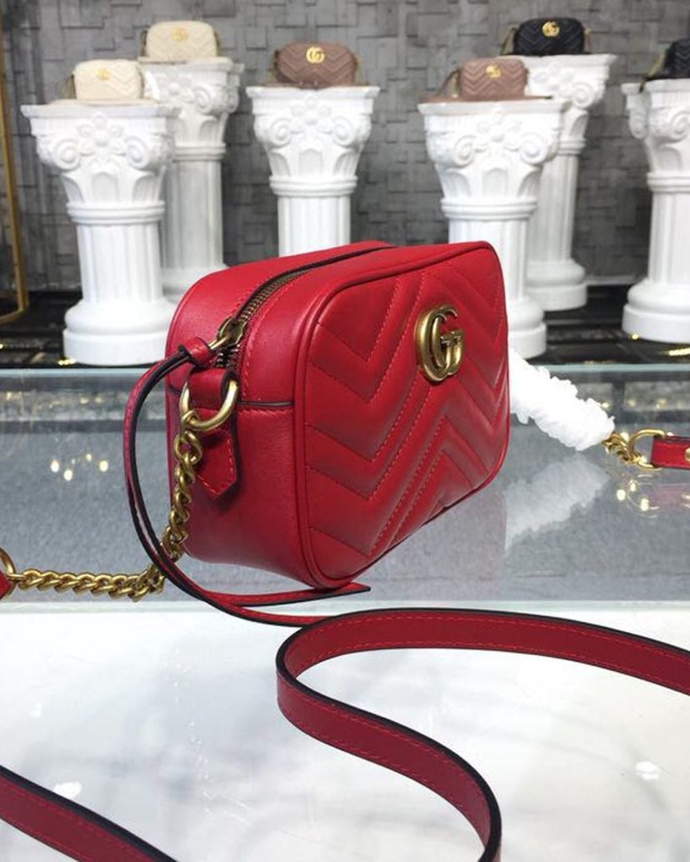 1:1 Replica Gucci GG Marmont Matelassé Mini Bag Hibiscus Red Matelassé Chevron For Women 7in/18cm GG