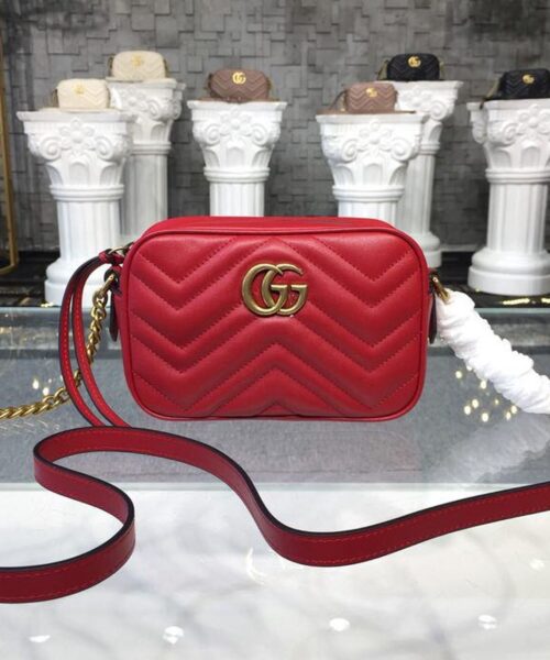 1:1 Replica Gucci GG Marmont Matelassé Mini Bag Hibiscus Red Matelassé Chevron For Women 7in/18cm GG