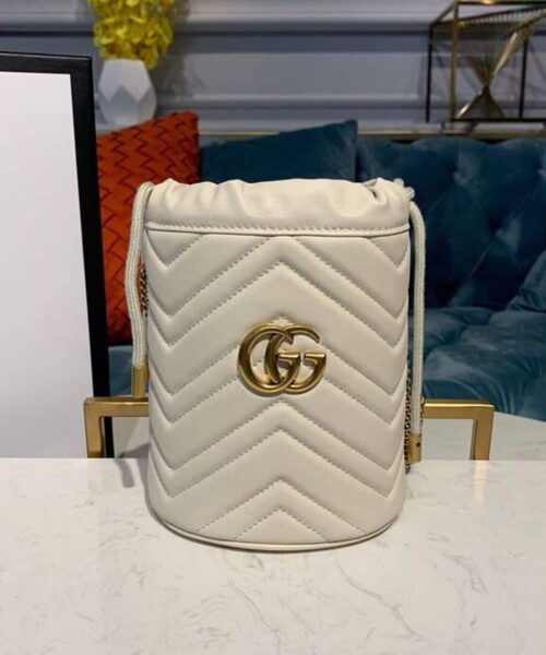 1:1 Replica Gucci GG Marmont Mini Bucket Bag White Matelassé Chevron For Women 6in/13cm GG 575163 DTDRT 9022