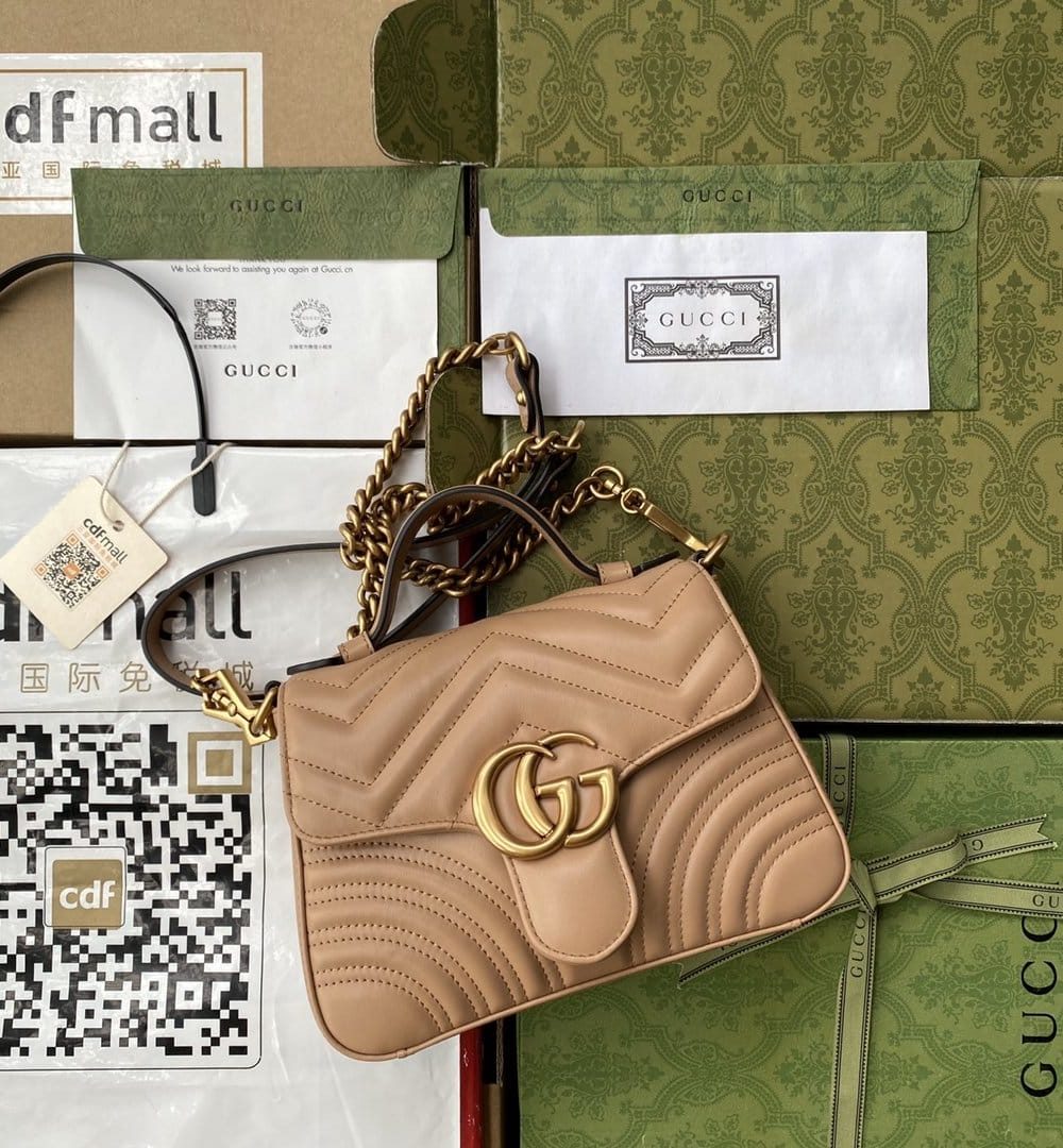 1:1 Replica Gucci GG Marmont Mini Top Handle Bag Beige For Women, Women's Bags 8.3in/21cm GG