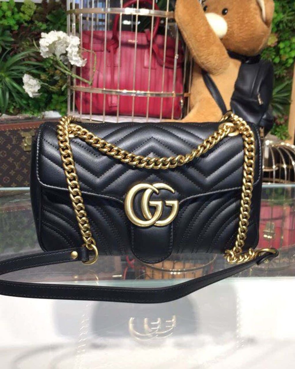 1:1 Replica Gucci GG Marmont Small Matelassé Shoulder Bag Black For Women 10in/25cm 443497 DTDIT 1000