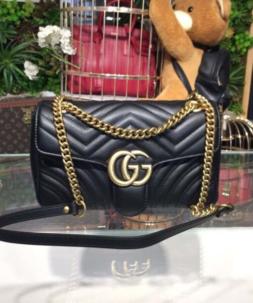 1:1 Replica Gucci GG Marmont Small Matelassé Shoulder Bag Black For Women 10in/25cm 443497 DTDIT 1000