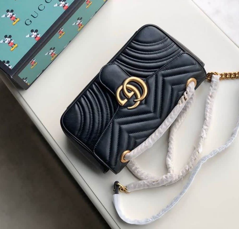 1:1 Replica Gucci GG Marmont Small Matelassé Shoulder Bag Black Matelassé Chevron For Women 10in/26cm 443497 DTDIT 1000