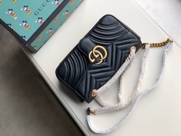 1:1 Replica Gucci GG Marmont Small Matelassé Shoulder Bag Black Matelassé Chevron For Women 10in/26cm 443497 DTDIT 1000
