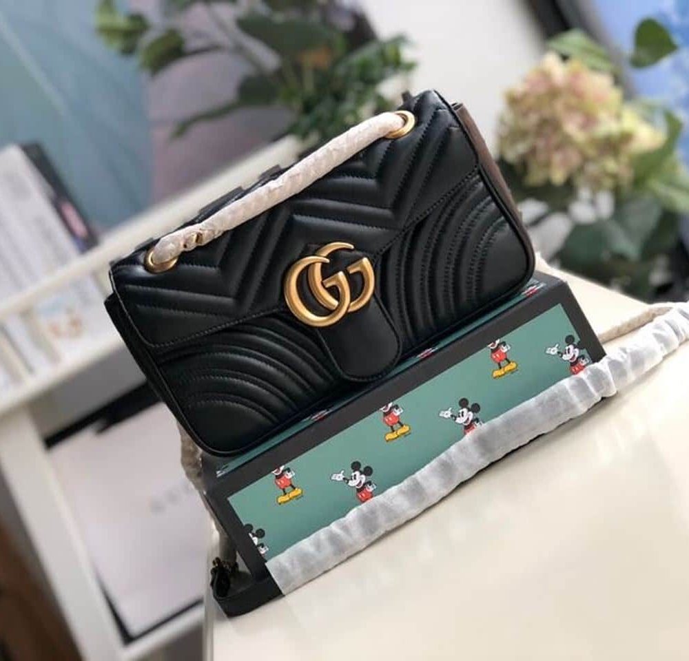 1:1 Replica Gucci GG Marmont Small Matelassé Shoulder Bag Black Matelassé Chevron For Women 10in/26cm 443497 DTDIT 1000