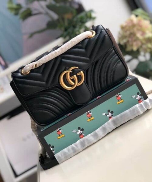 1:1 Replica Gucci GG Marmont Small Matelassé Shoulder Bag Black Matelassé Chevron For Women 10in/26cm 443497 DTDIT 1000