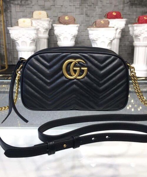 1:1 Replica Gucci GG Marmont Small Matelassé Shoulder Bag Black Matelassé Chevron For Women 9.5in/24cm GG 447632 DTD1T 1000
