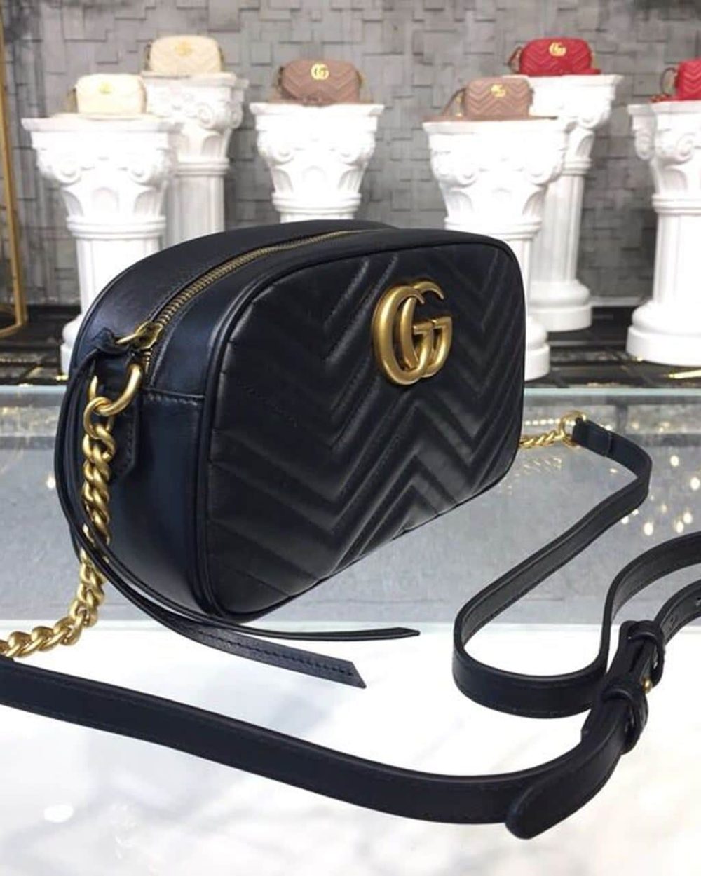 1:1 Replica Gucci GG Marmont Small Matelassé Shoulder Bag Black Matelassé Chevron For Women 9.5in/24cm GG 447632 DTD1T 1000
