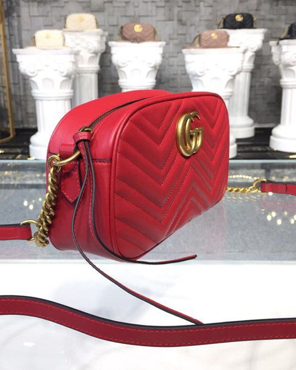 1:1 Replica Gucci GG Marmont Small Matelassé Shoulder Bag Hibiscus Red Matelassé Chevron For Women 9.5in/24cm GG 447632 DTD1T 6433