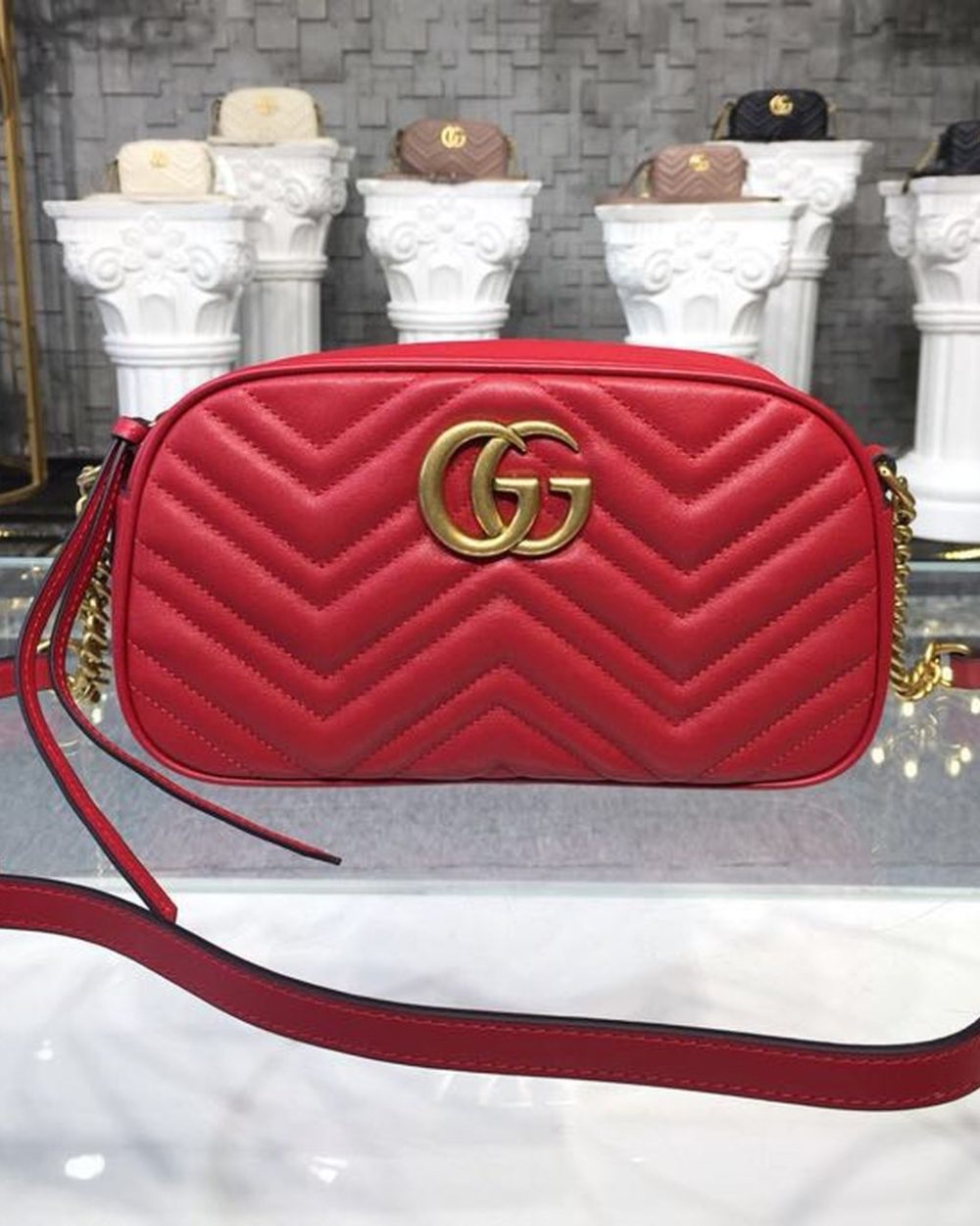 1:1 Replica Gucci GG Marmont Small Matelassé Shoulder Bag Hibiscus Red Matelassé Chevron For Women 9.5in/24cm GG 447632 DTD1T 6433