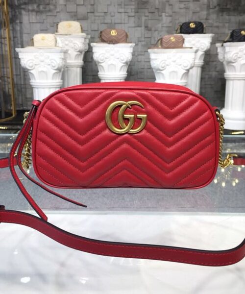 1:1 Replica Gucci GG Marmont Small Matelassé Shoulder Bag Hibiscus Red Matelassé Chevron For Women 9.5in/24cm GG 447632 DTD1T 6433