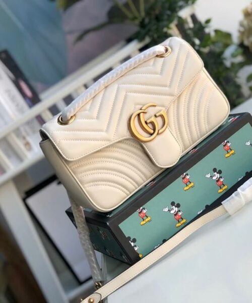 1:1 Replica Gucci GG Marmont Small Matelassé Shoulder Bag White Matelassé Chevron For Women 10in/26cm 443497 DTDIT 9022