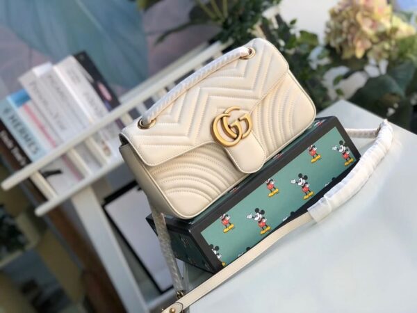 1:1 Replica Gucci GG Marmont Small Matelassé Shoulder Bag White Matelassé Chevron For Women 10in/26cm 443497 DTDIT 9022