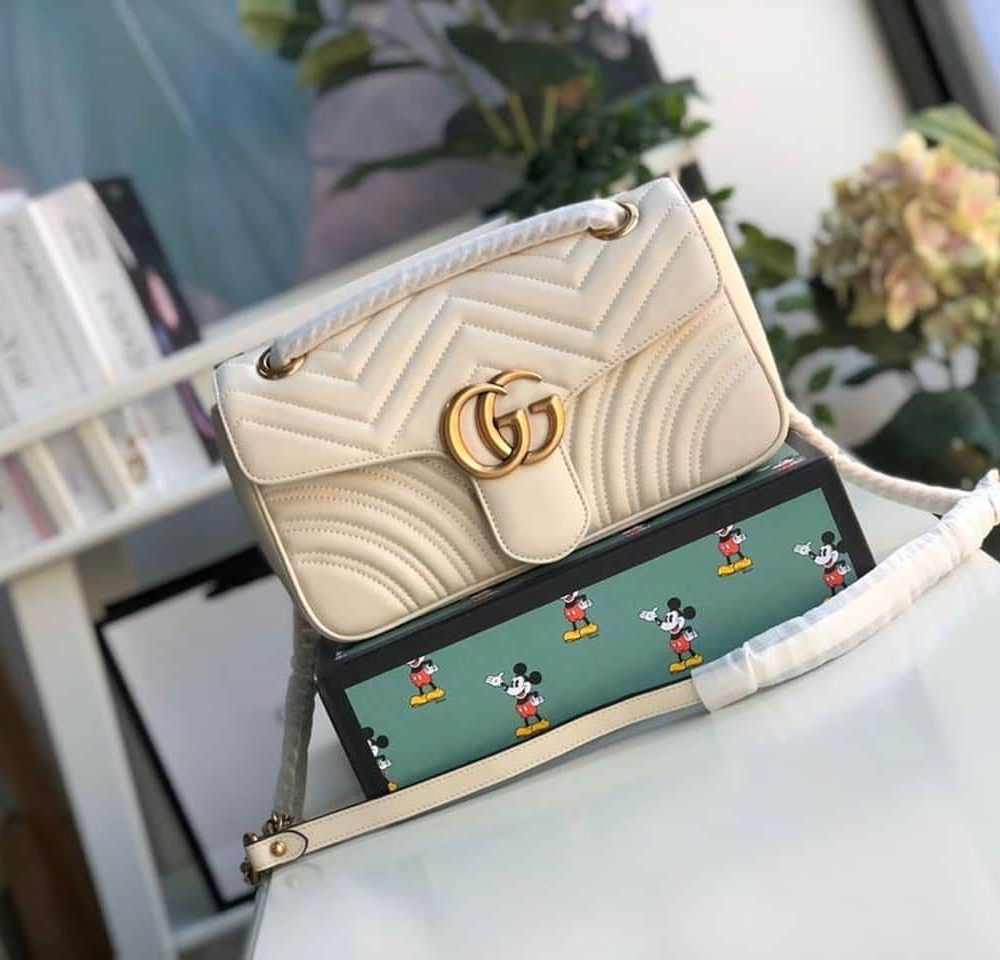 1:1 Replica Gucci GG Marmont Small Matelassé Shoulder Bag White Matelassé Chevron For Women 10in/26cm 443497 DTDIT 9022