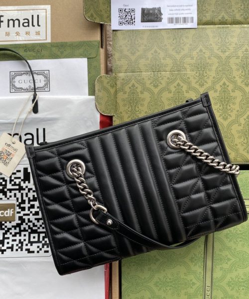 1:1 Replica Gucci GG Marmont Small Tote Bag Black Matelasses For Women 10.4in/26.5cm GG 681483 UM8BN 1000