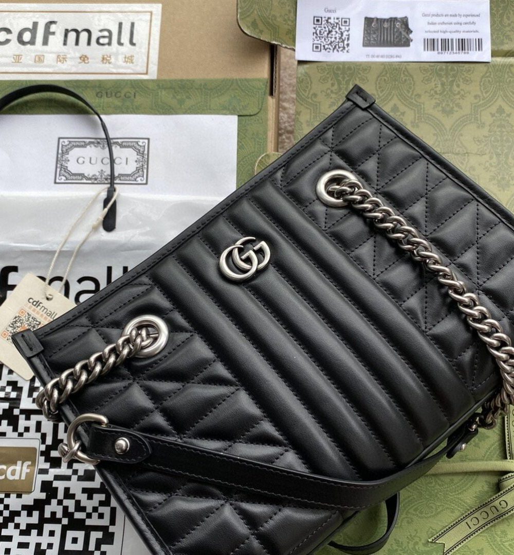 1:1 Replica Gucci GG Marmont Small Tote Bag Black Matelasses For Women 10.4in/26.5cm GG 681483 UM8BN 1000