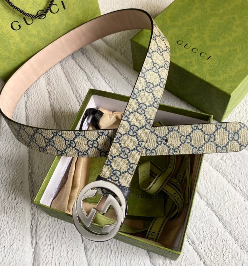 1:1 Replica Gucci GG Supreme Belt With G Buckle Beige/Blue, Women Belt 411924 KGDHN 4075