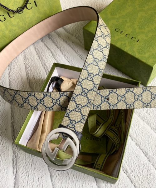 1:1 Replica Gucci GG Supreme Belt With G Buckle Beige/Blue, Women Belt 411924 KGDHN 4075