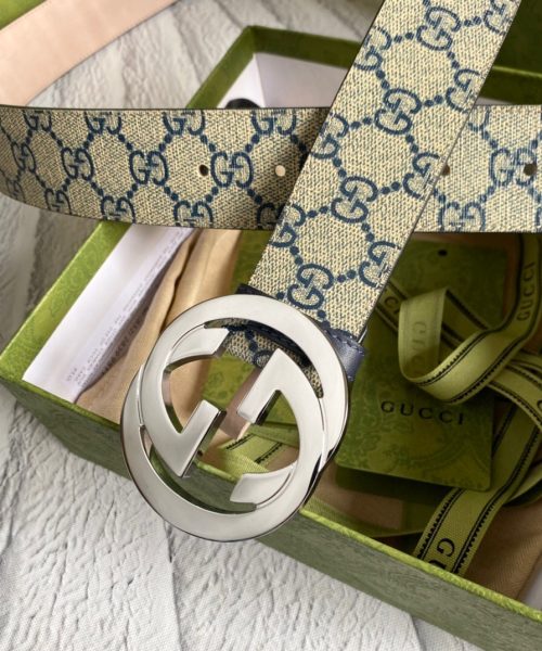 1:1 Replica Gucci GG Supreme Belt With G Buckle Beige/Blue, Women Belt 411924 KGDHN 4075